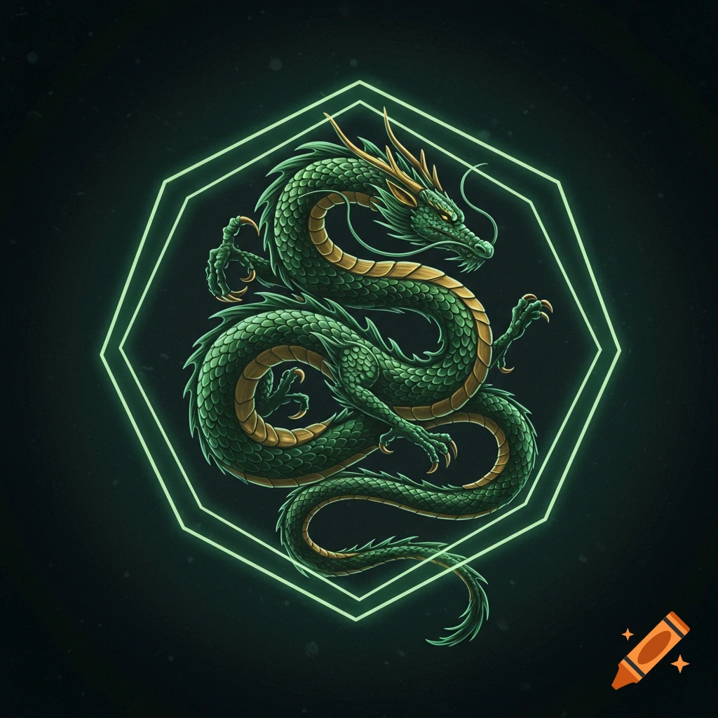 A green and gold dragon is coiled inside a glowing green heptagon.