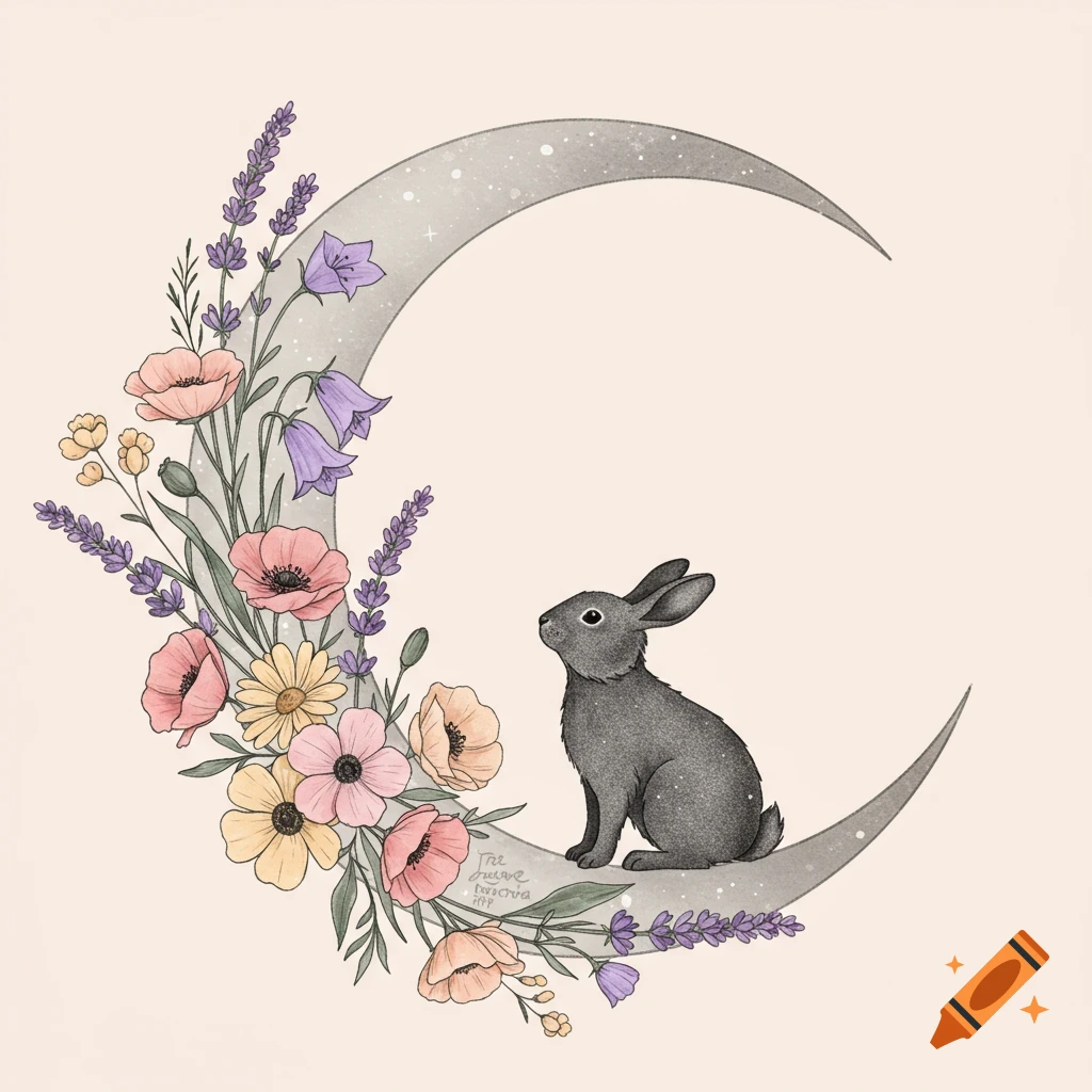 Drawing of a bunny sitting on a crescent moon surrounded by flowers.