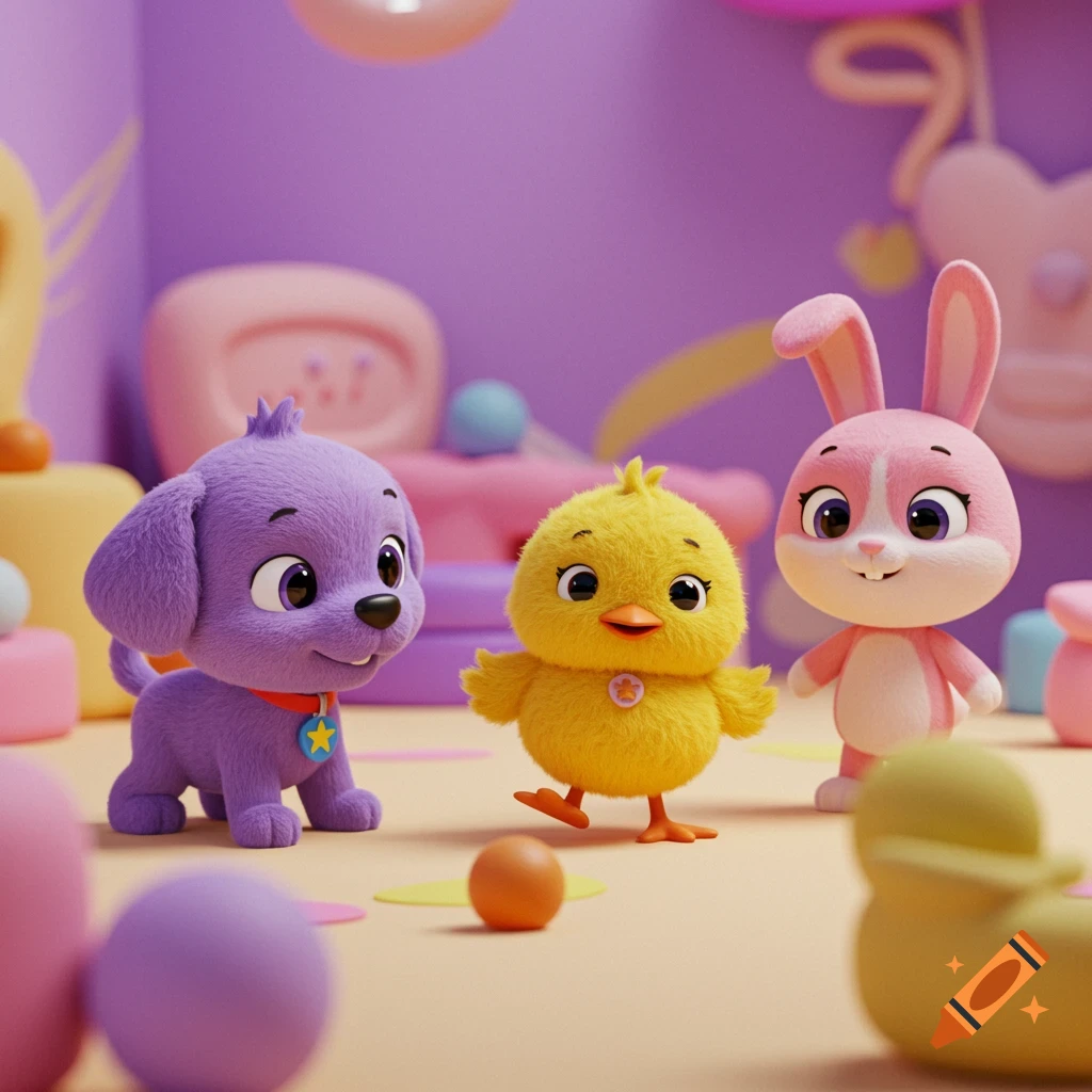A purple puppy, yellow chick, and pink bunny rabbit in a colorful 3D cartoon scene.