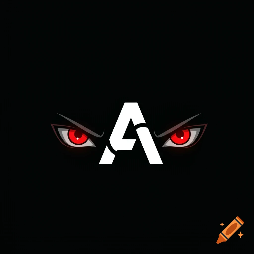 A stylized white letter A between two red anime eyes on a black background.