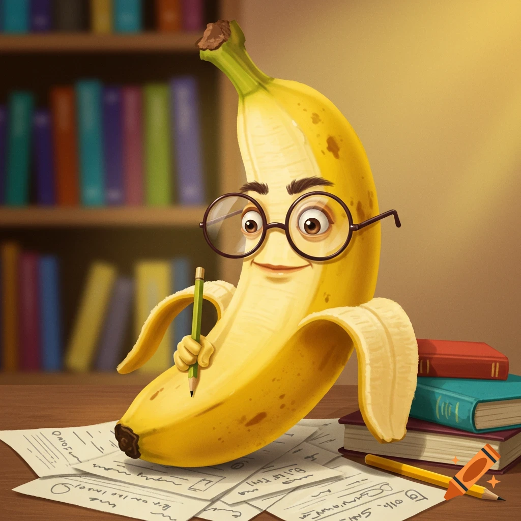 A cartoon banana wearing glasses sits at a desk with books and papers, holding a pencil.