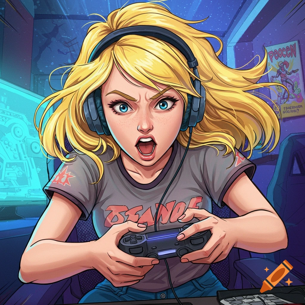 Illustration of an intense blonde girl wearing headphones and playing video games with a controller