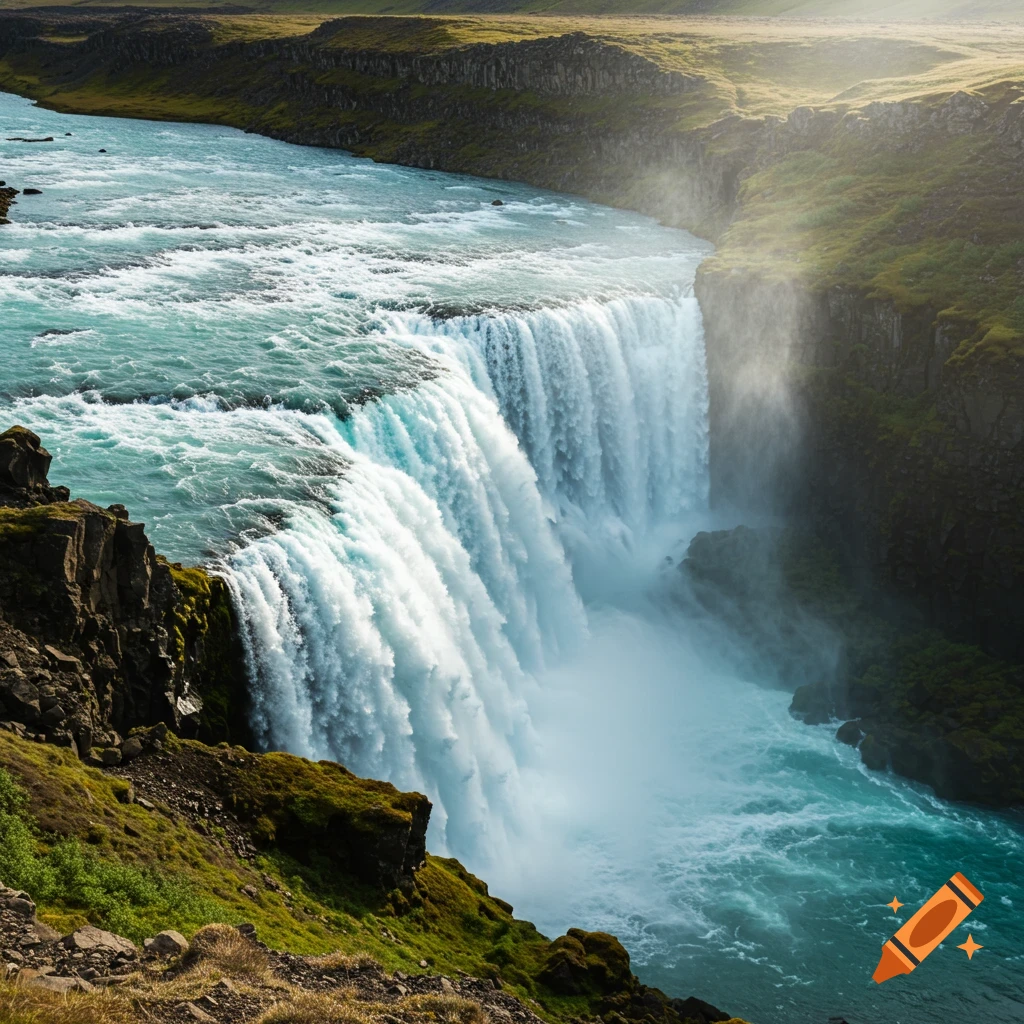 A large waterfall cascades over a rocky cliff face, with a wide river flowing away from the base and green hills in the background.
