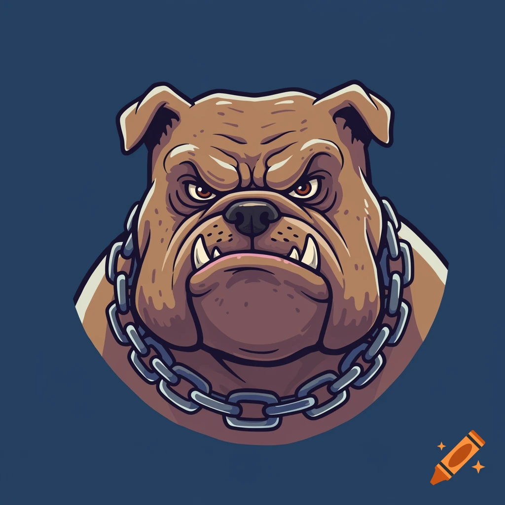 A cartoon illustration of a fierce bulldog wearing a chain collar.