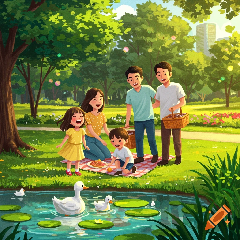 A vibrant scene of a family having a picnic by a pond with ducks in a park on a sunny day.