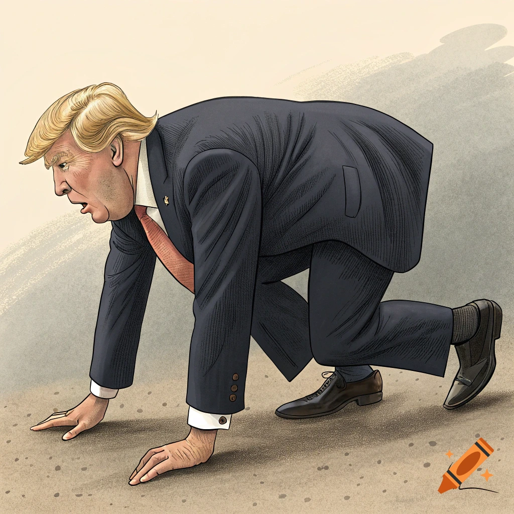 Political cartoon illustration of Donald Trump crawling on hands and knees in a suit.