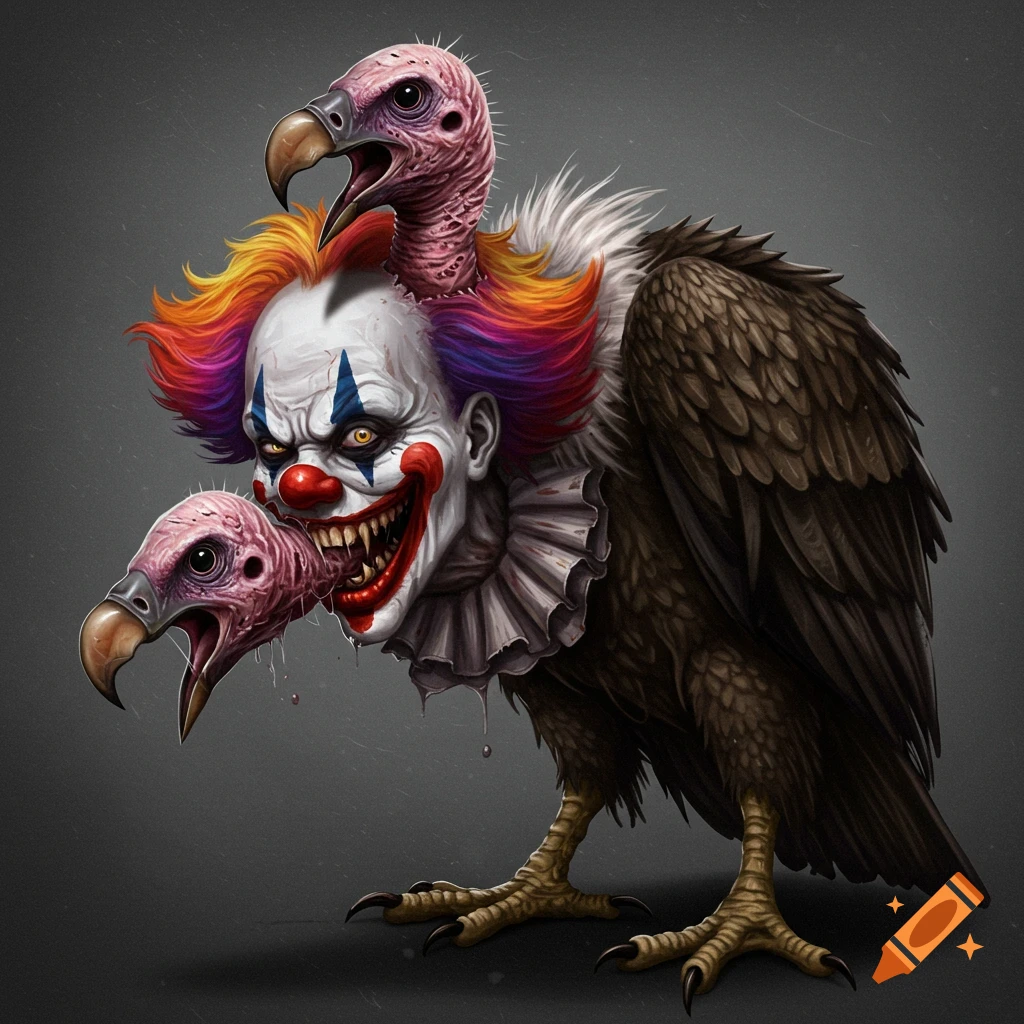 A creepy creature with a vulture body, a scary clown head, and two vulture heads.