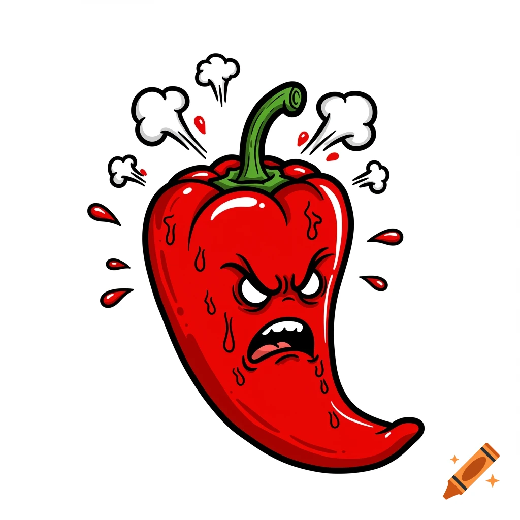 A vibrant red pepper with an angry face, dripping 'blood' and steaming, in a graphic illustration style.