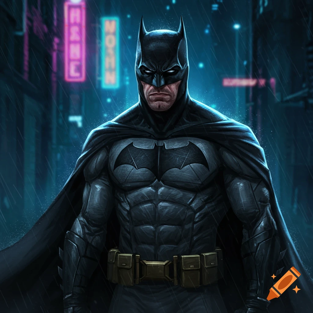 A serious Batman standing in a rainy city at night.