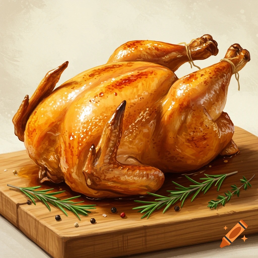 A roasted chicken on a wooden cutting board with rosemary and spices.