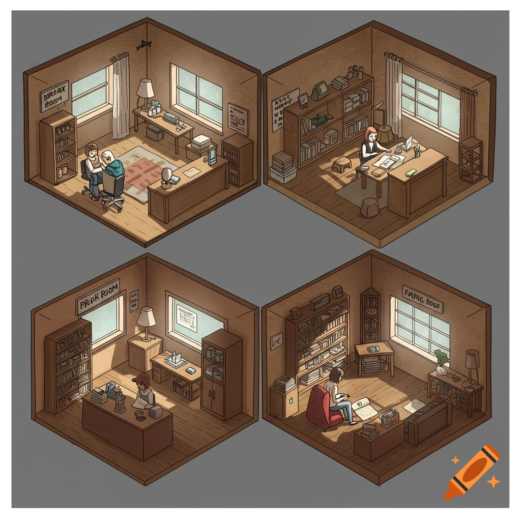 Illustration of four isometric rooms with people and furniture