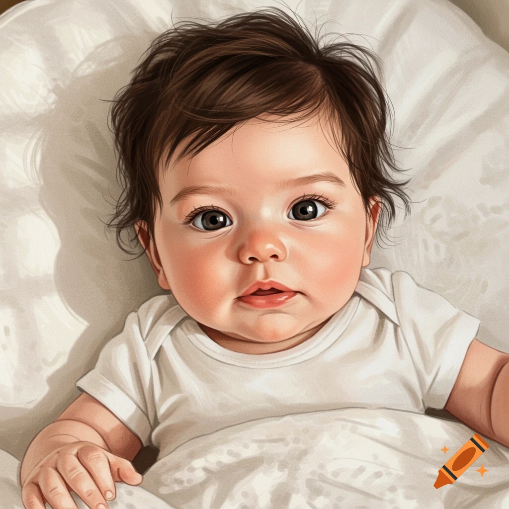 A close-up of a baby with dark brown hair and big eyes looking forward.