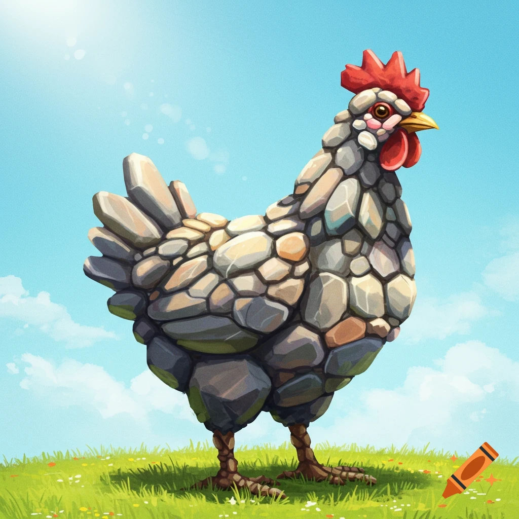 Painting of a chicken made of stacked rocks standing in a grassy field under a blue sky.