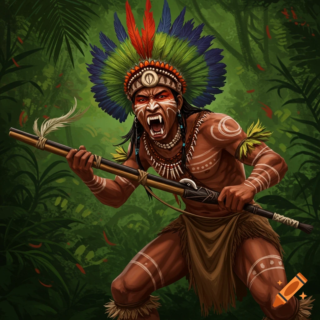 A tribal warrior holding a weapon in a jungle.