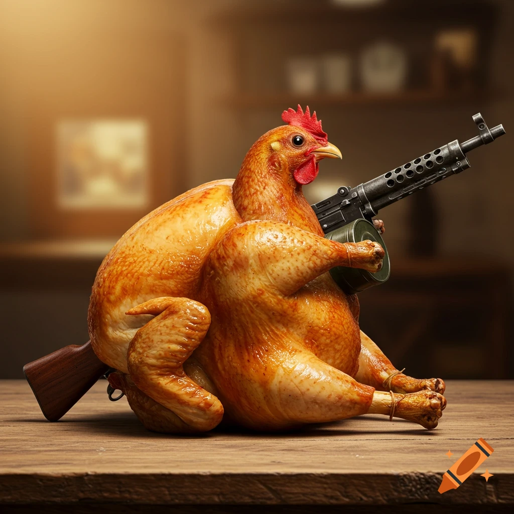 Roasted chicken with a chicken head holding a machine gun