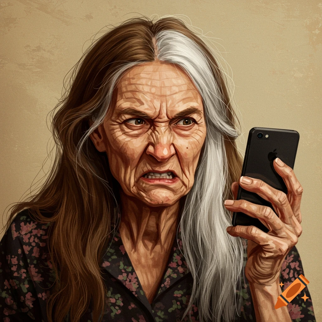 Angry old woman looking at a phone