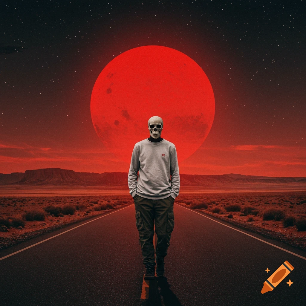A skeleton wearing a sweater and cargo pants walks down a road in a desolate desert under a large red sun and starry sky.
