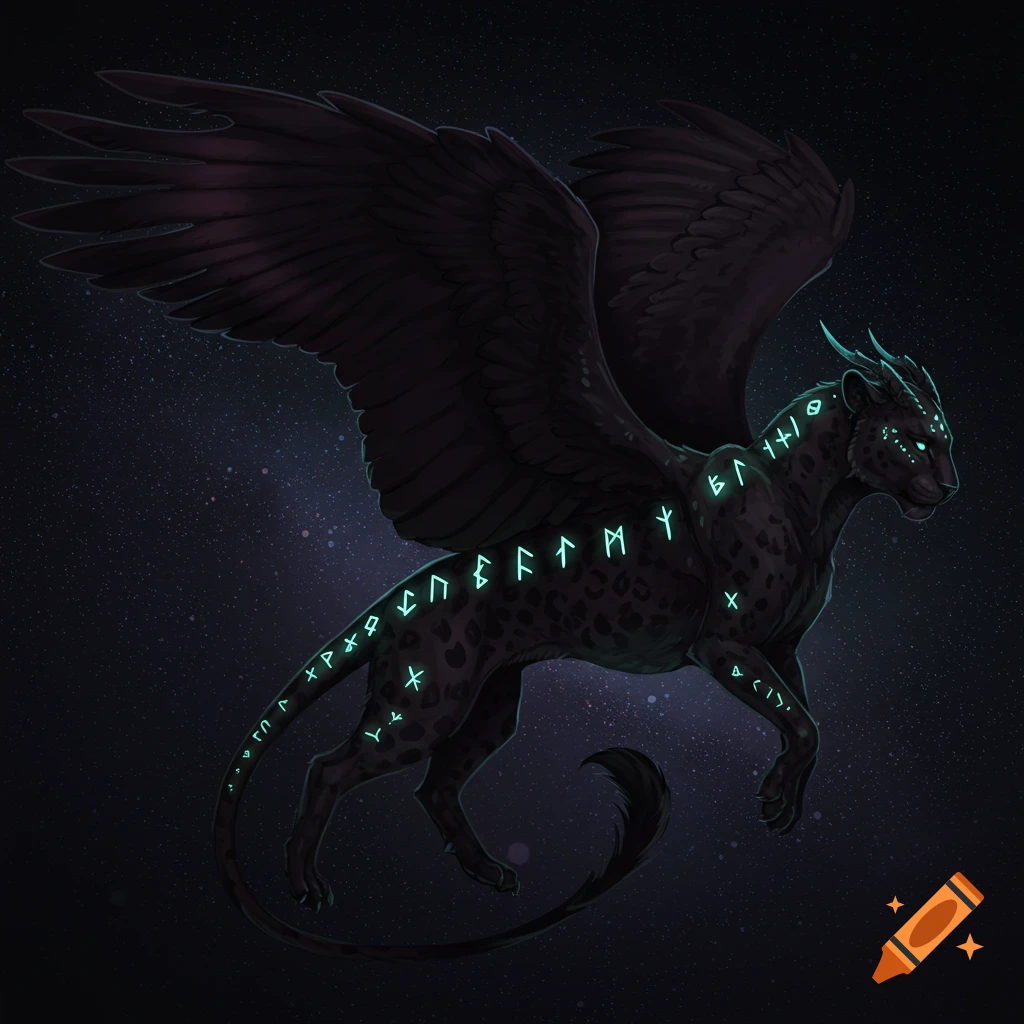 A dark, winged panther creature with glowing blue runes on its body flies against a dark, starry background.