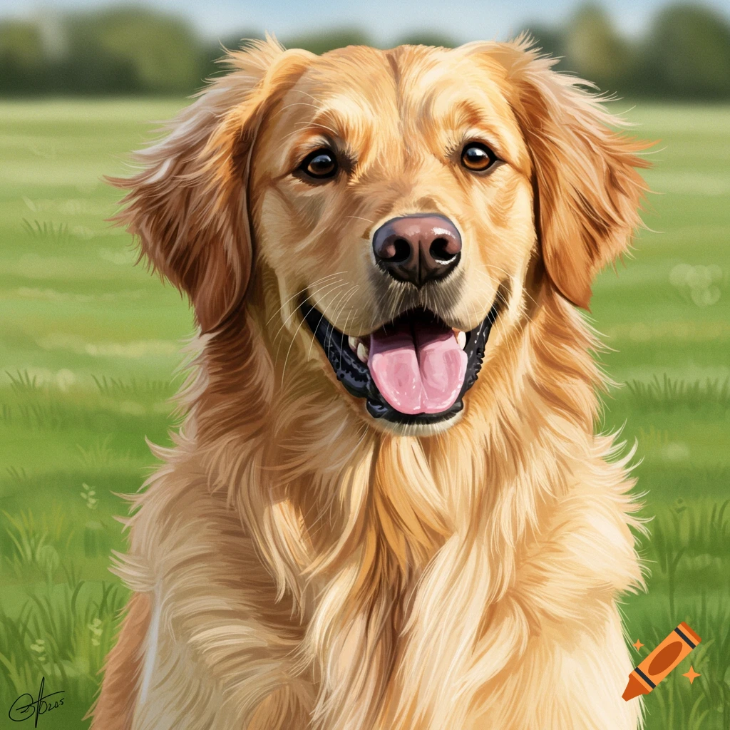 A happy golden retriever dog in a field.