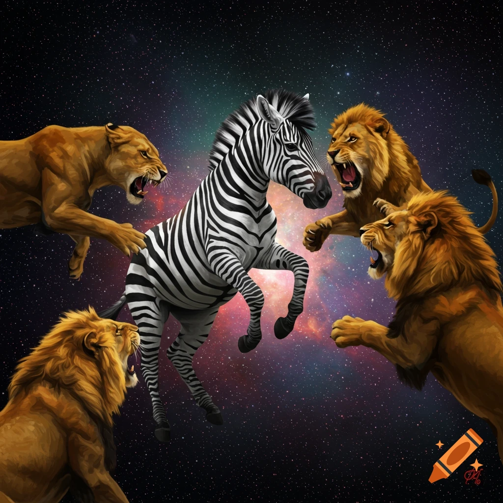 A zebra fighting four lions in space with a colorful nebula background.