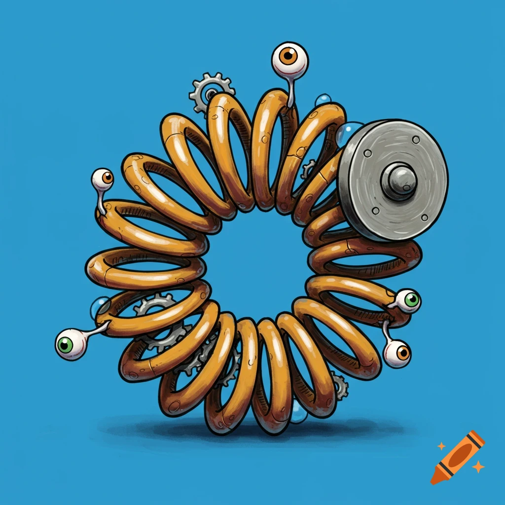 A cartoon illustration of an orange spring with eyeballs and gears attached, on a blue background.