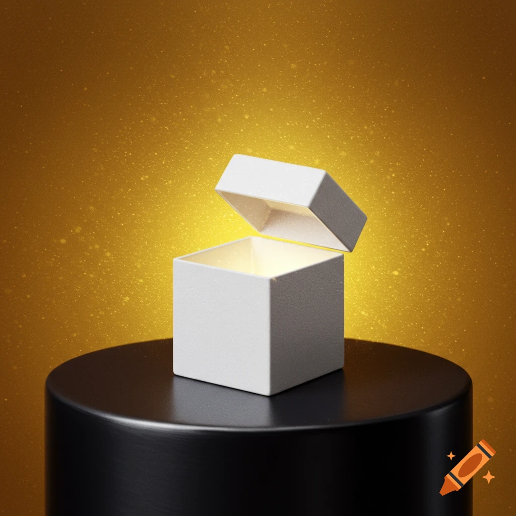 A white opened box with light glowing inside sits on a black pedestal against a gold background with sparkles.