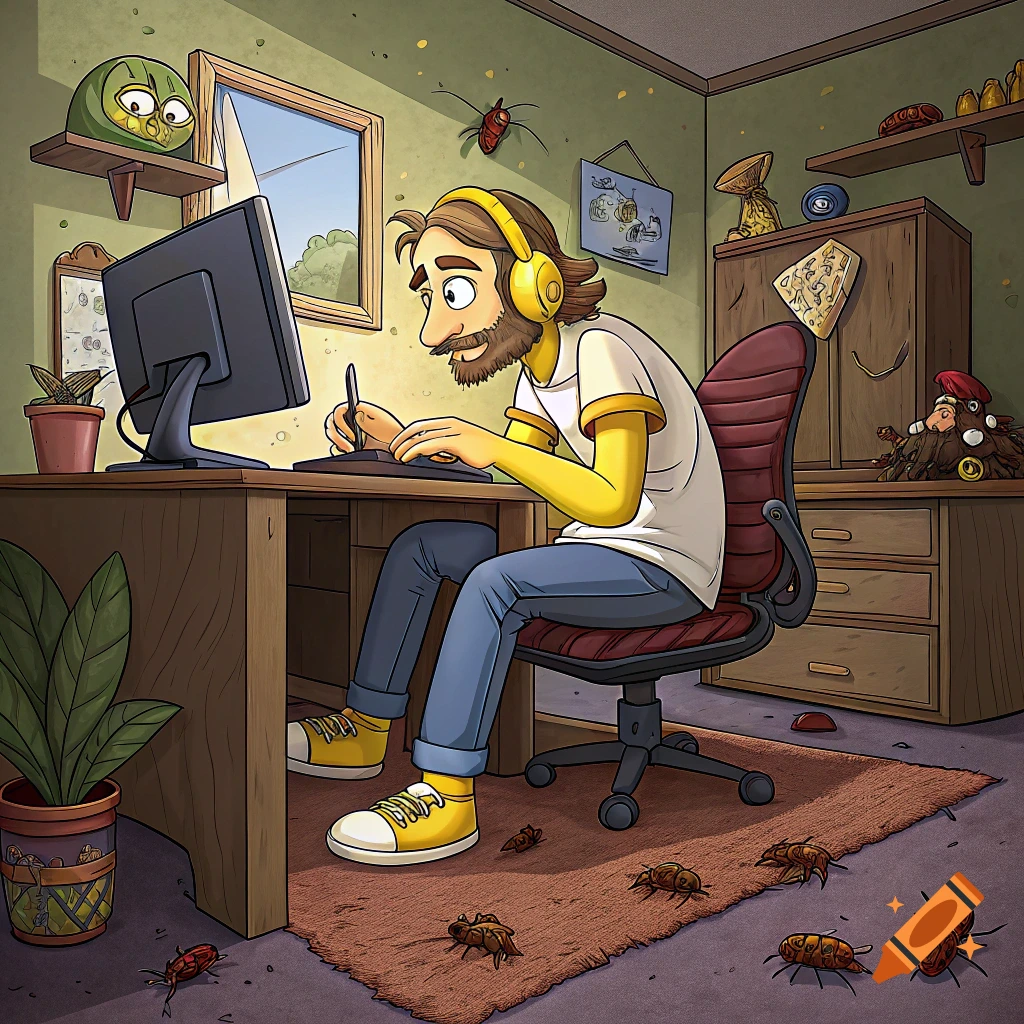 Cartoon man resembling AsmonGold at desk drawing on tablet with cockroaches on floor in room.