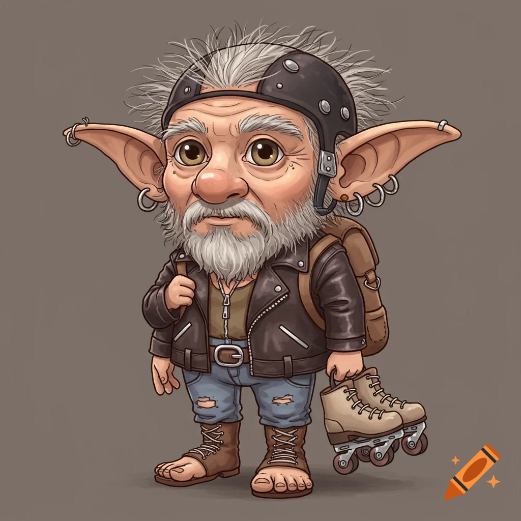 Stylized cartoon of an old gnome or goblin man wearing a helmet and leather jacket, carrying a backpack and holding roller skates.