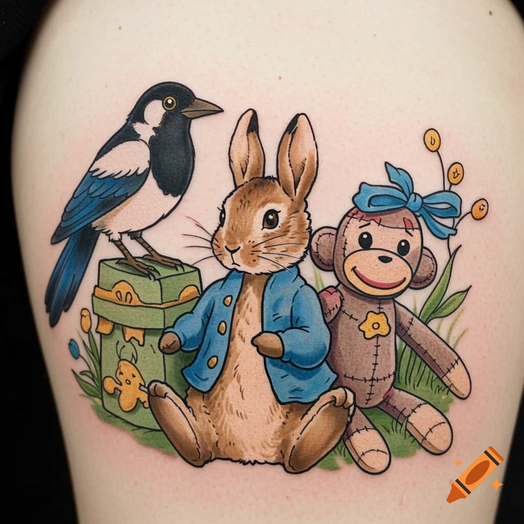 A colorful tattoo in a classic children's book style depicting Peter Rabbit, a sock monkey, and a magpie sitting together.