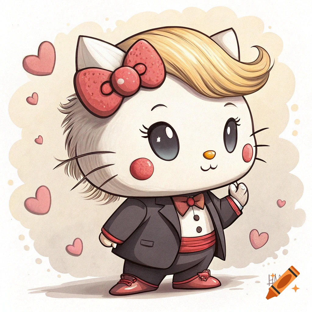 Hello Kitty character dressed in a dark suit with blond hair, surrounded by pink hearts
