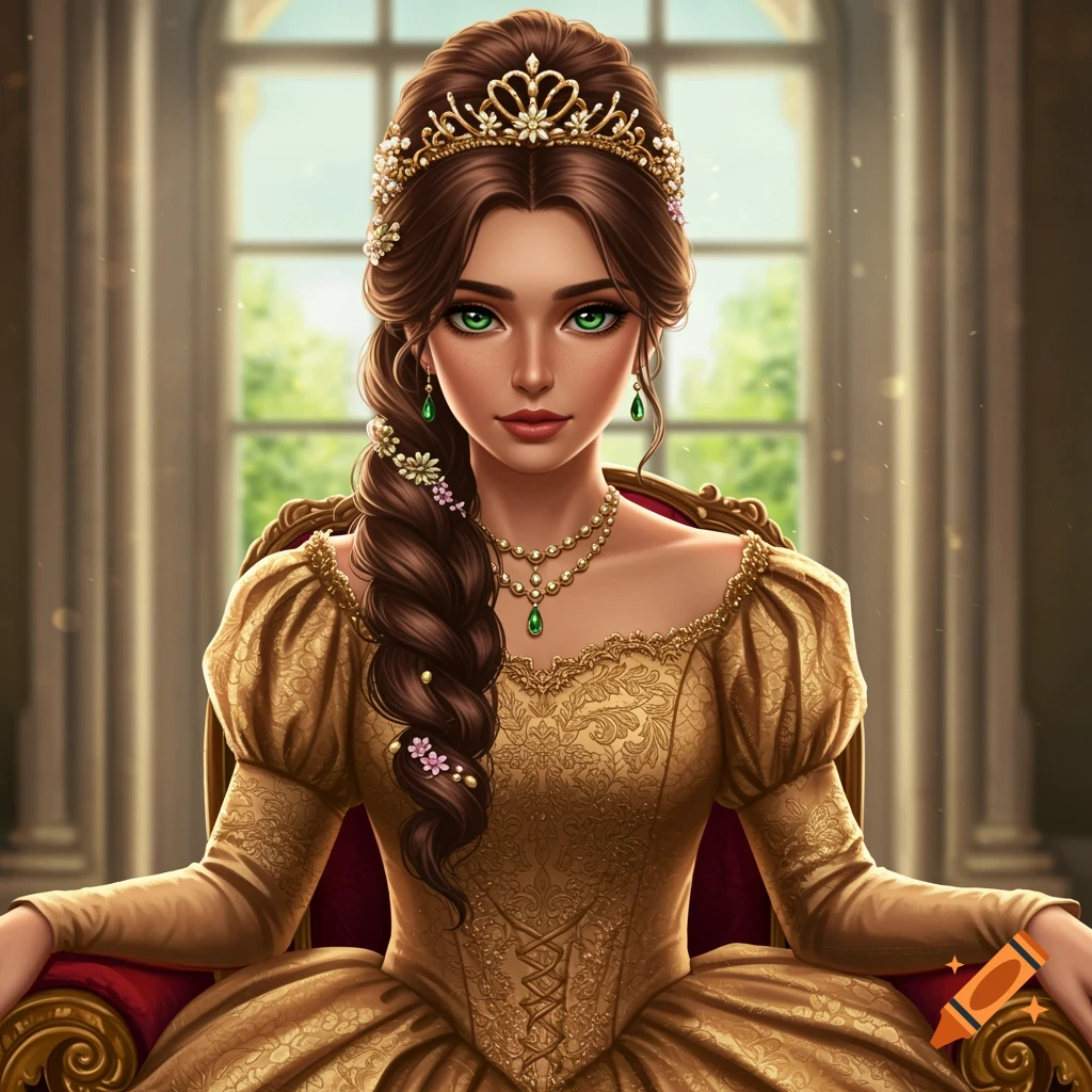 A princess in a golden gown and tiara seated on a throne.