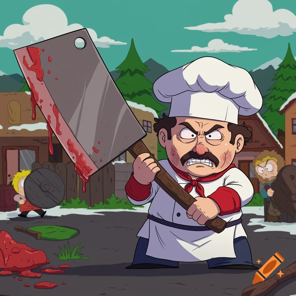 A South Park-style character resembling Chef holds a large, bloody cleaver in the town.