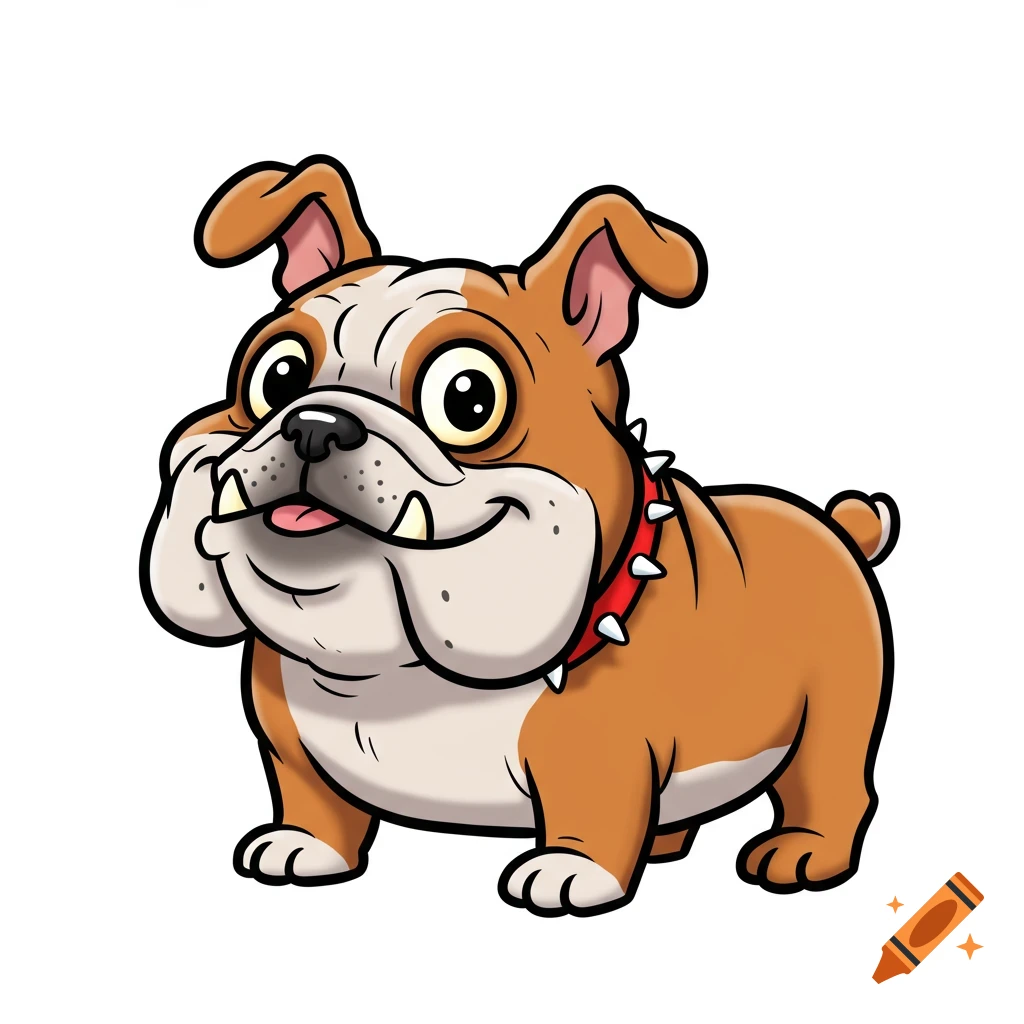 A cute cartoon bulldog with a red spiked collar.