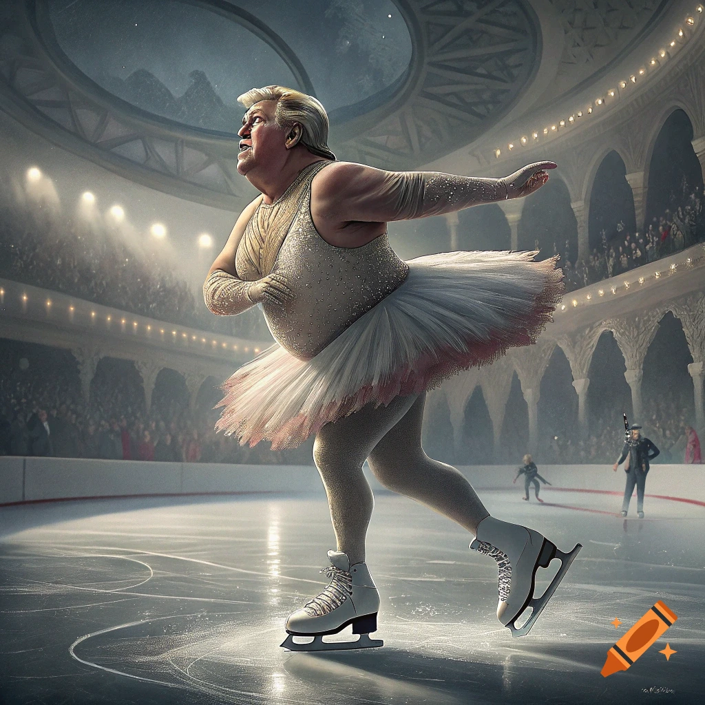 Donald Trump in a tutu ice skating in a large arena