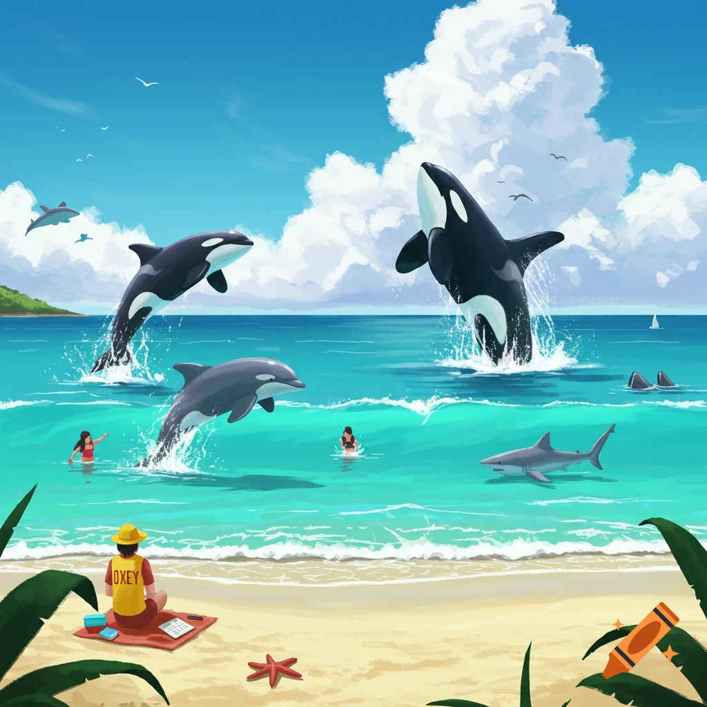 Orcas, dolphins, and sharks are seen jumping in the ocean off a beach with swimmers and a lifeguard.