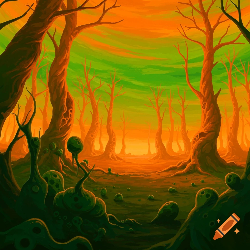 Surreal painting of an orange and green forest with strange trees and bulbous plants.