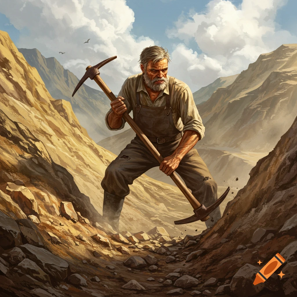 A bearded miner swings a pickaxe in a rocky mountain landscape.