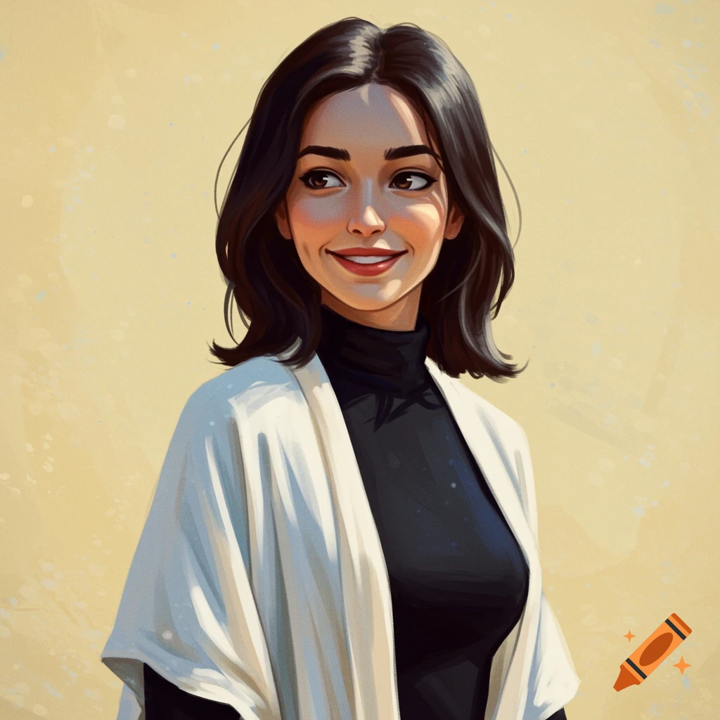 A woman with short dark hair, smiling, wears a black turtleneck and white tunic, against a yellow background.