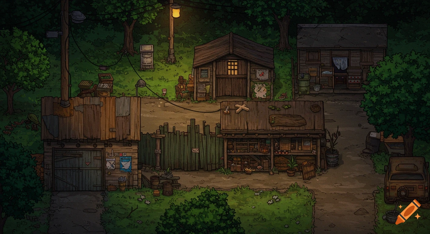 16-bit pixel art isometric view of a post-apocalyptic settlement with ramshackle buildings and trees.