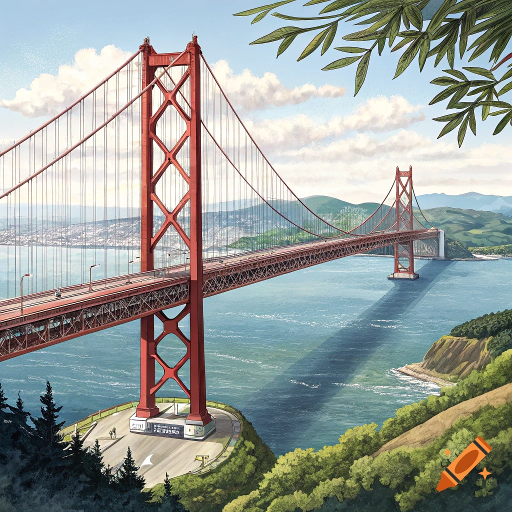 An illustrative painting of a red suspension bridge over blue water, viewed from a green hillside with a city in the background.