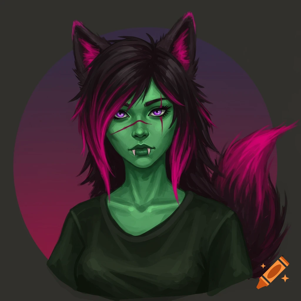 Portrait of a green-skinned fantasy character with wolf features, magenta hair accents, and purple eyes.