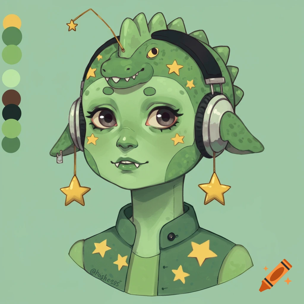 Green-skinned character in a dinosaur hood with headphones and a star jacket.