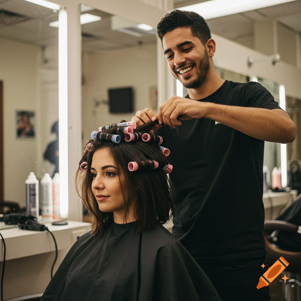 A woman is getting her hair styled with curlers by a stylist in a salon.