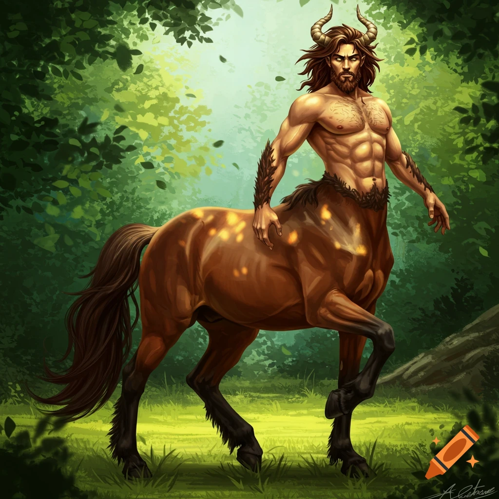 A male centaur standing in a forest clearing.