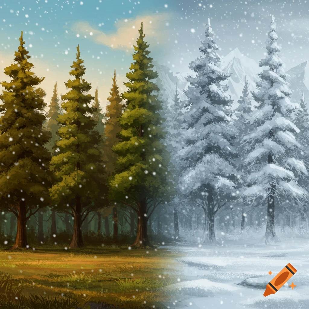 a forest transitioning from green trees to snow-covered trees with falling snow.