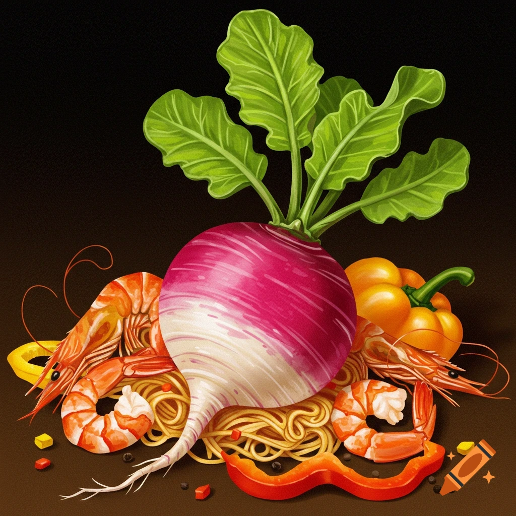 A radish made of pasta with shrimp and peppers