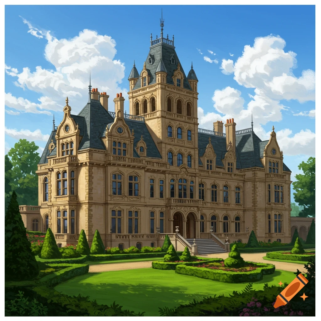 A grand 1800s royal mansion with landscaped gardens under a blue sky.