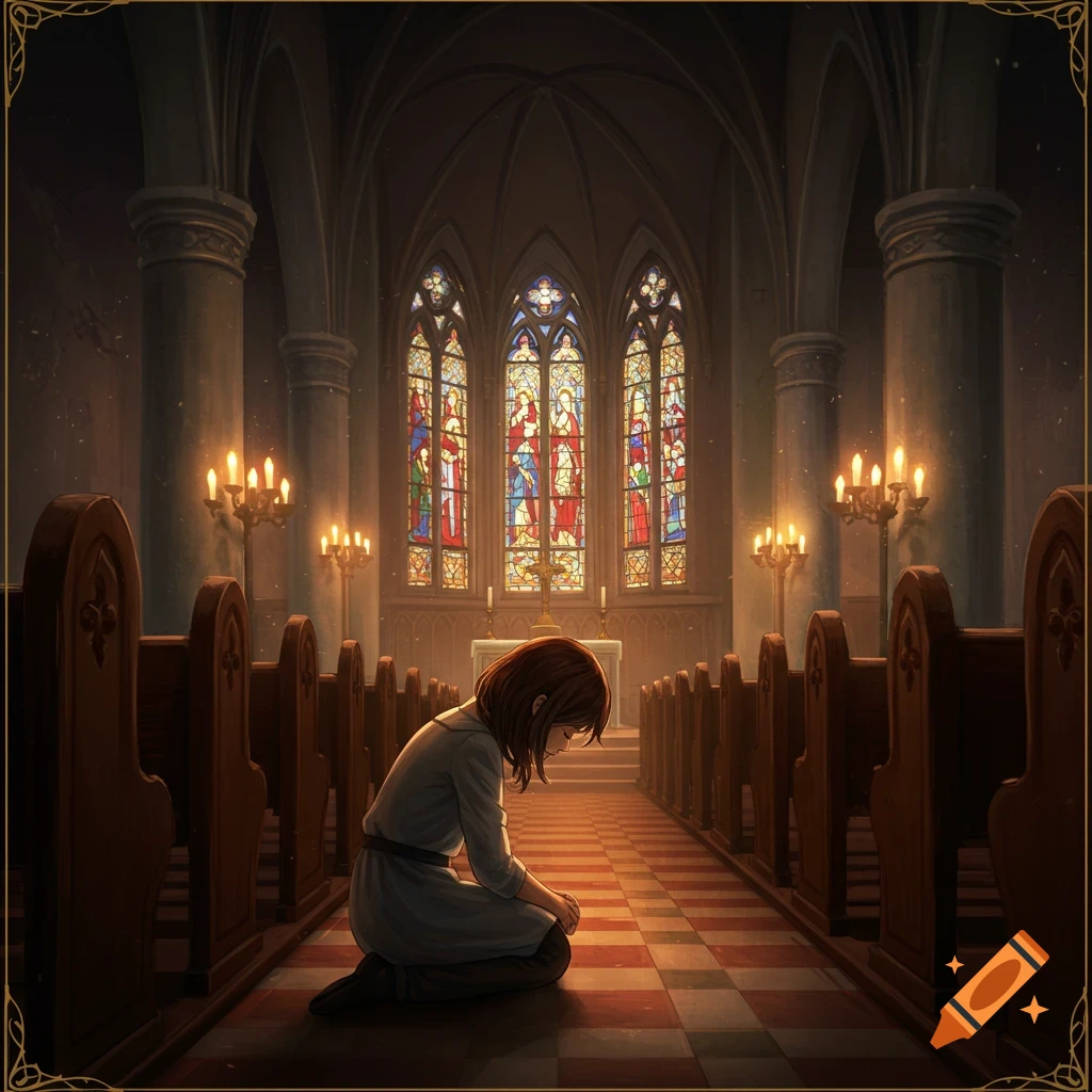 A person kneels in a church pew, facing stained glass windows and candlelight.