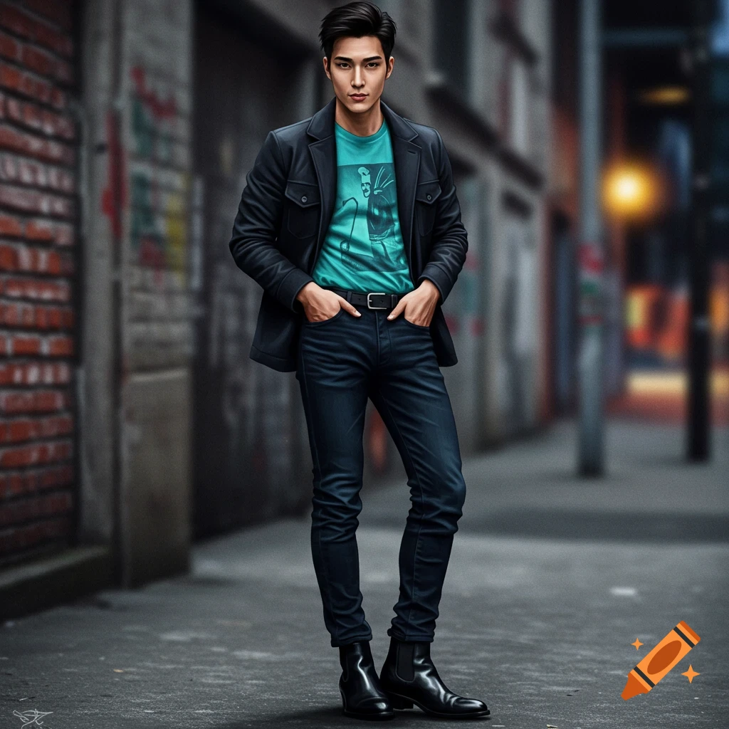 A stylish man in skinny jeans, boots, jacket, and a teal t-shirt is standing in an urban alley.