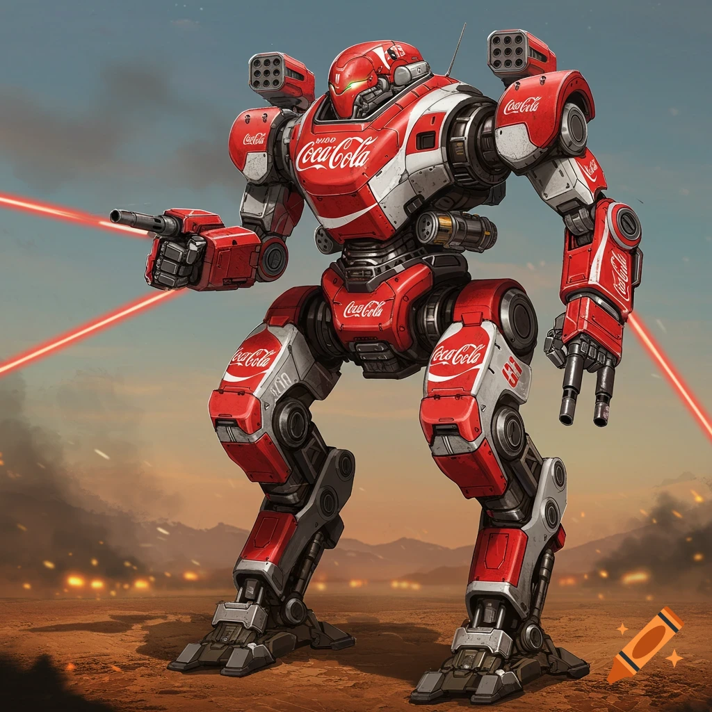 A large red and white battle robot covered in Coca-Cola logos, firing laser beams in a desert battleground.